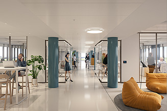 Rendering of the modern office environment at Arne Jacobsen Haus, Hamburg  
