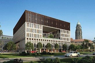 Visualisierung eines neuen Bürogebäudes bei blauem Himmel