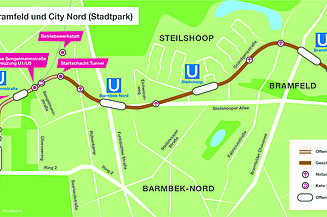 Karte von einem Streckenabschnitt der geplanten U-Bahnlinie 5. 