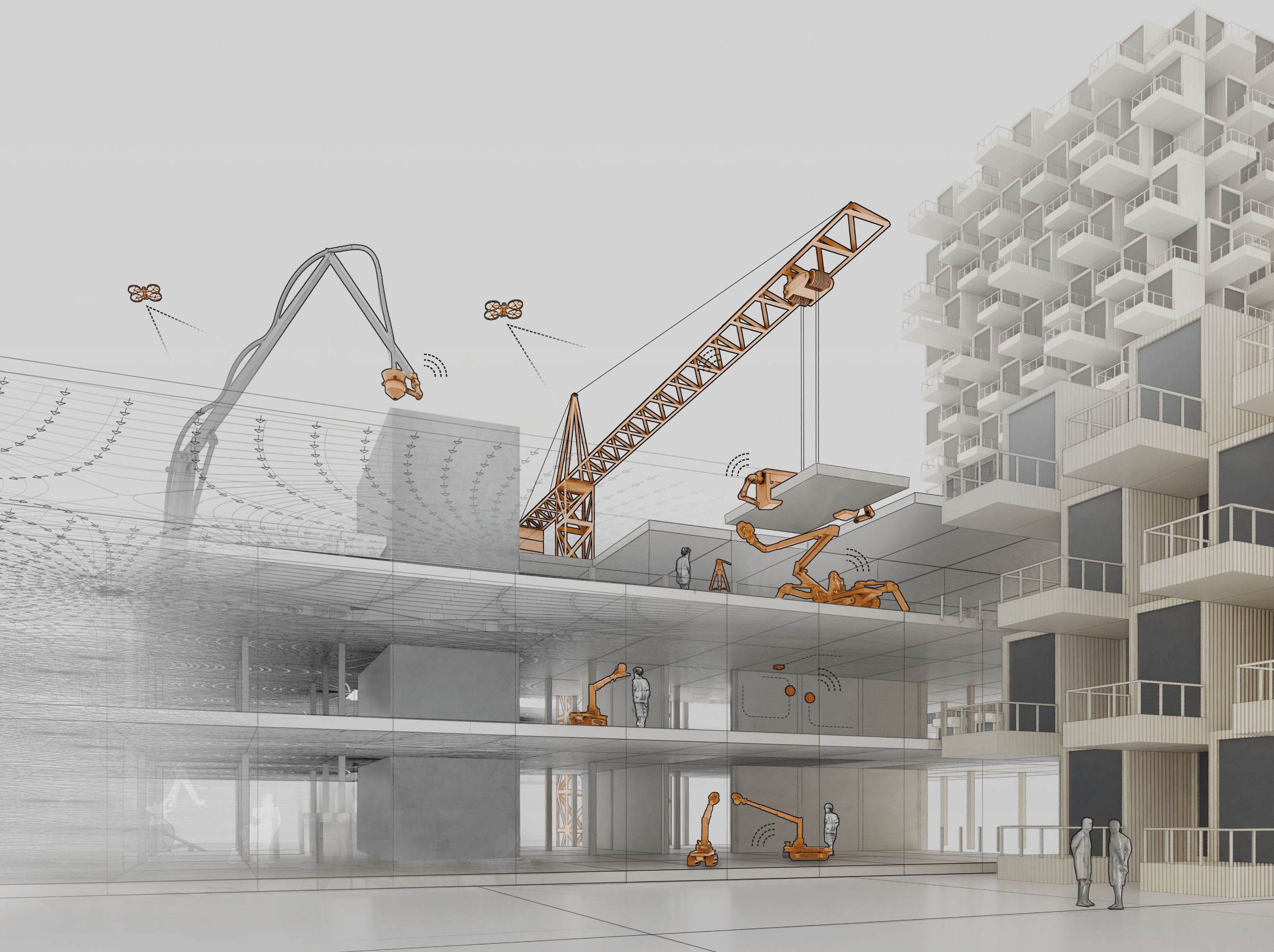 Visualisierung von robotische Montageverfahren und digitale Assistenzsysteme für den Bau von mehrgeschossigen Gebäuden.