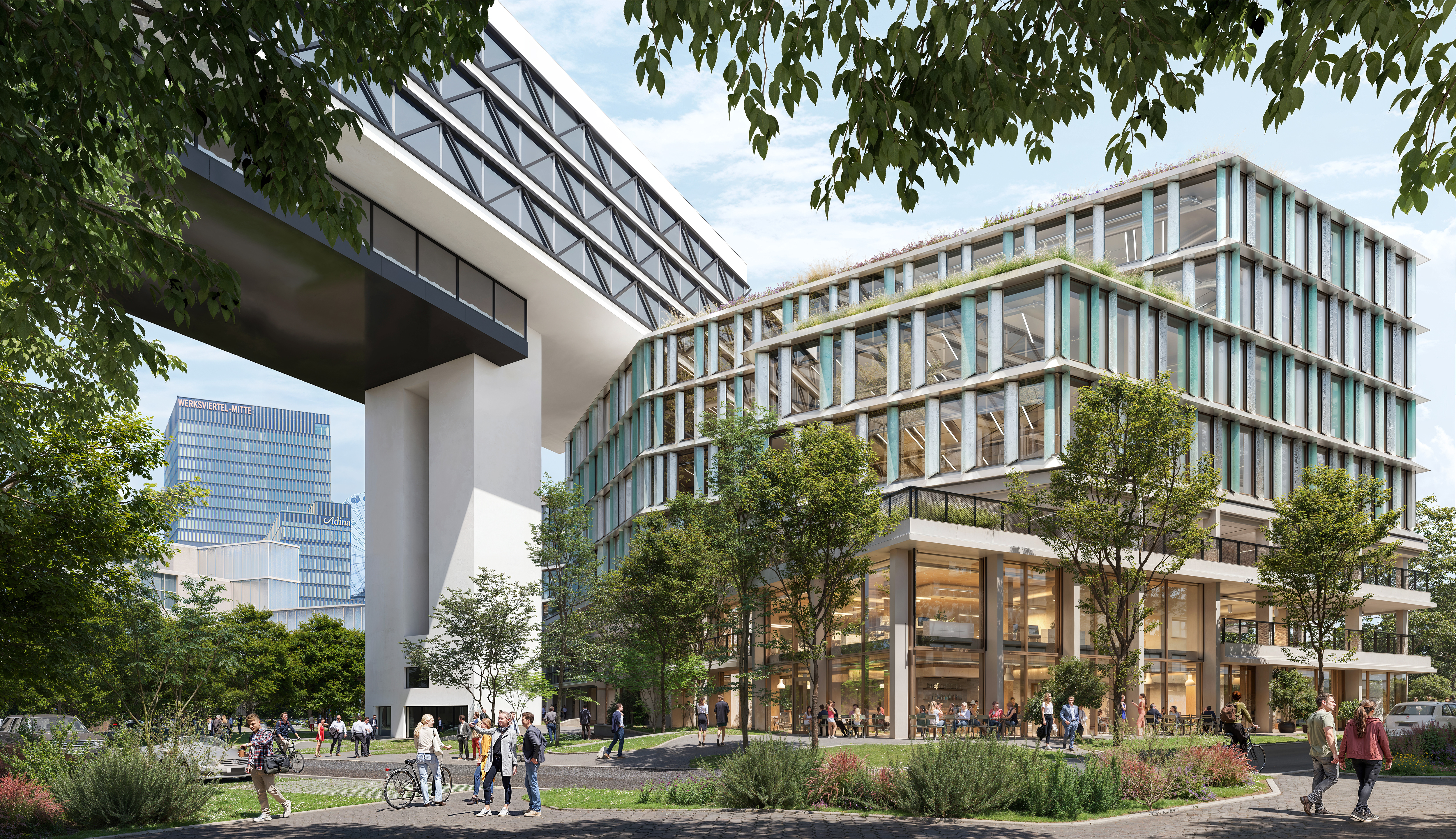 The picture shows an office building with trees in front of it