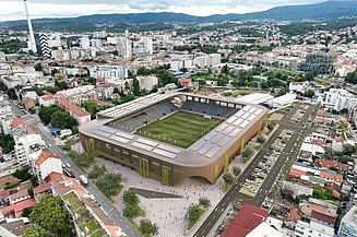 Bird's eye view of the modernised football stadium in Zagreb. View of the covered stands and the hybrid pitch