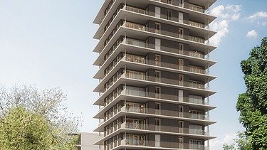 Visualisierung vom Holzhybrid-Hochhaus CARL in Pforzheim mit Blick von der Straße. 