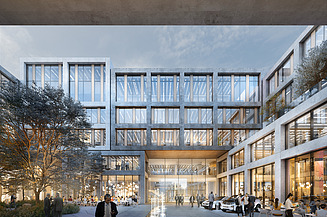 Visualisierung des LabCampus mit Blick nach Draußen im Innenhof. 