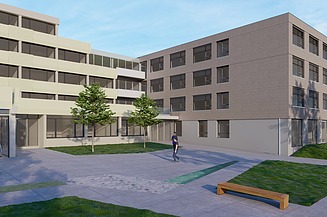 Visualisierung des Holzhybrid-Anbau für Elias-Schrenk-Haus.