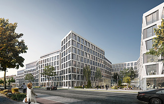 Visualisierung von einem Bürogebäude mit Blick von der Straße.   