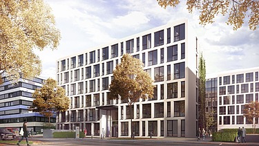 Visualisierung des neuen Konzernhauses am Albstadtweg, Vorzeigeobjekt in Sachen Nachhaltigkeit