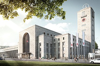 Visualisierung von einem Bahnhofhofsgebäude aus Stein mit Deutsche Bahn Flaggen. 