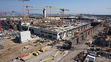 Foto vom Ausbau Flughafen in Frankfurt, aus der Vogelperspektive. 
