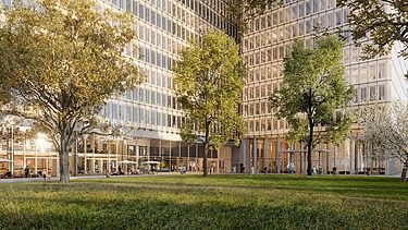 Visualisierung von der Seitenansicht von Neubau eines dreiteiligen Büroensemble. 