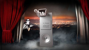 Illustration von einem Bühnen mit dem ZÜBLIN-Kulturpreis 2019. An der Linken Seite ist ein Pantomime zusehen. 