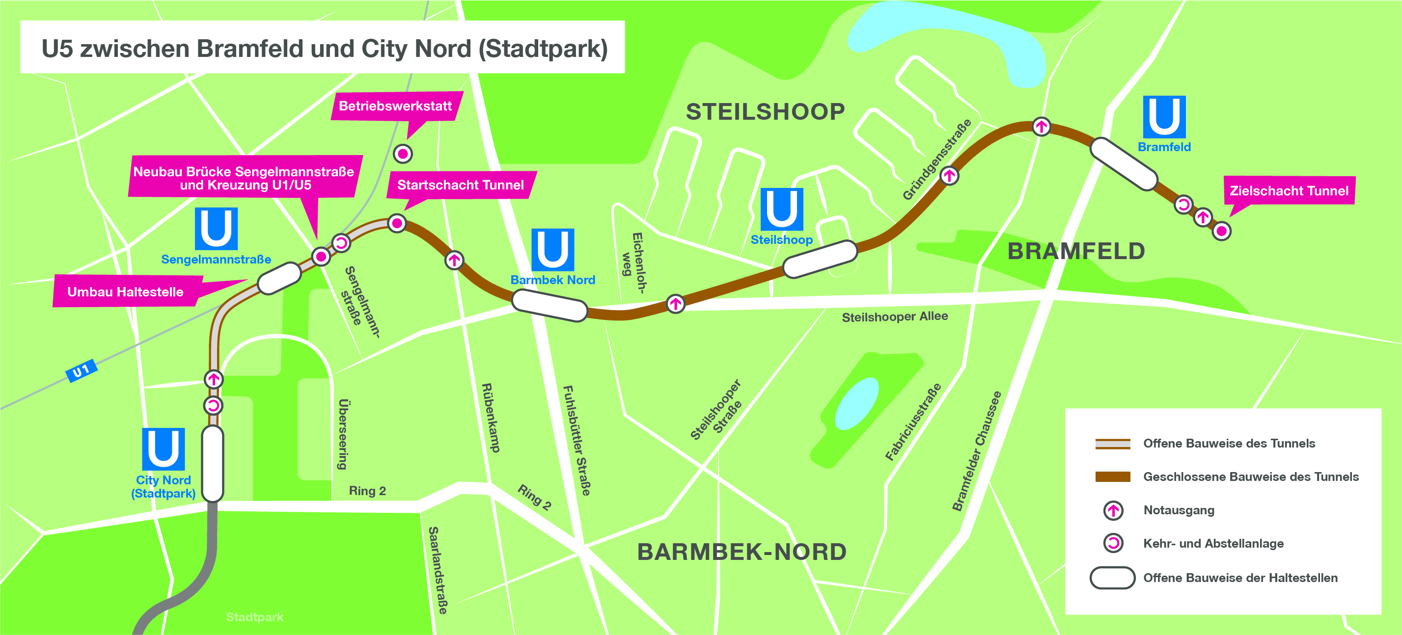 Karte von einem Streckenabschnitt der geplanten U-Bahnlinie 5. 