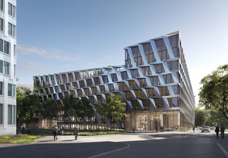 Visualisierung vom „ONE PLAZA“ in Düsseldorf mit Blick von der Straße.    