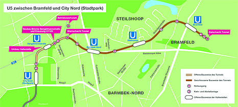 Karte von einem Streckenabschnitt der geplanten U-Bahnlinie 5. 