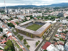Bird's eye view of the modernised football stadium in Zagreb. View of the covered stands and the hybrid pitch