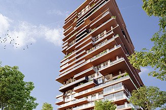 Foto zeigt einen Wohnbauturm mit Bäumen links und rechts