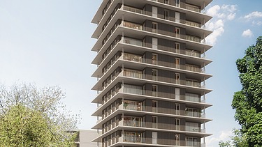 Visualisierung vom Holzhybrid-Hochhaus CARL in Pforzheim.