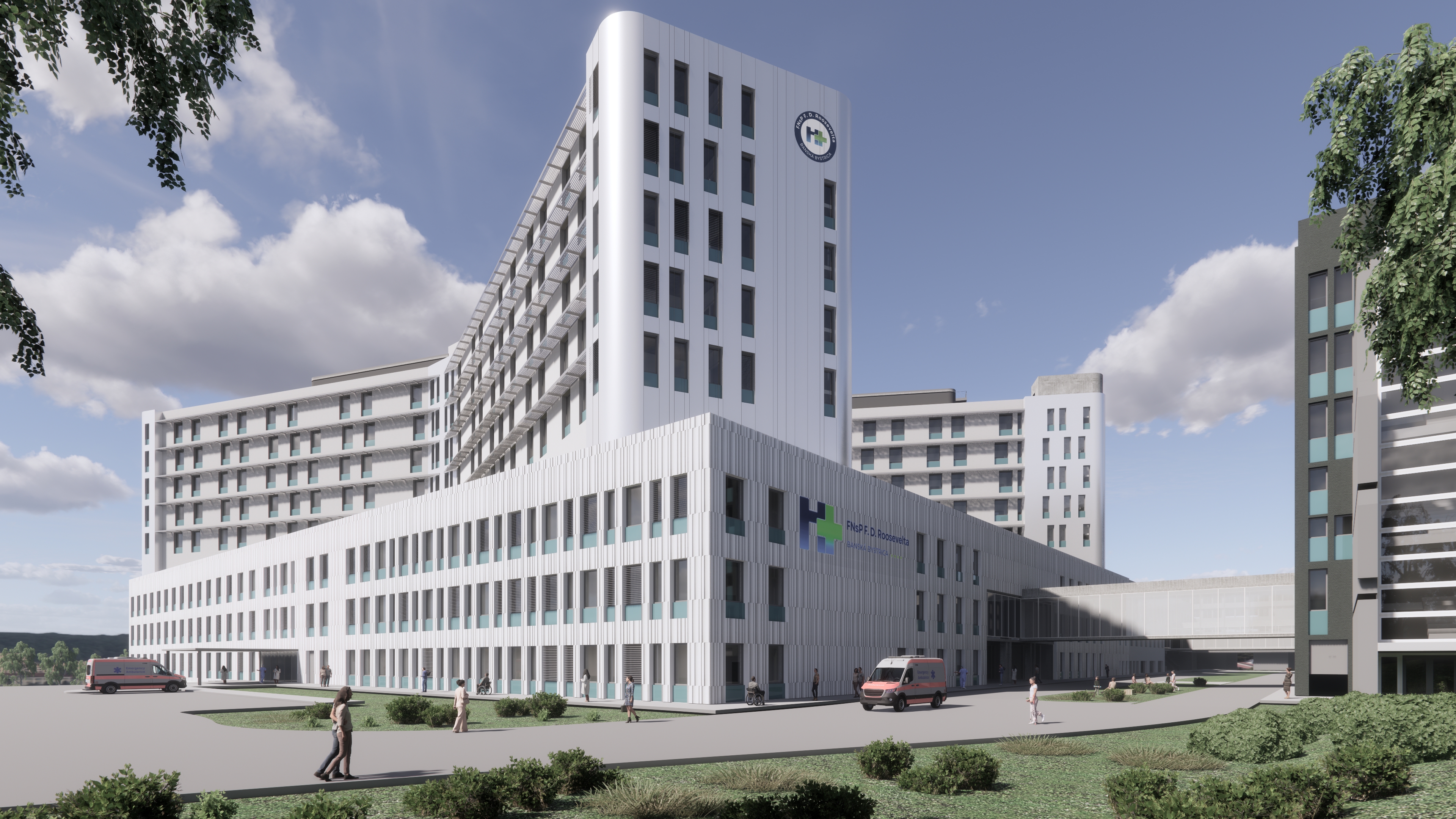 Renderings of the new F.D. Roosevelt University Hospital in Banská Bystrica following reconstruction and extension