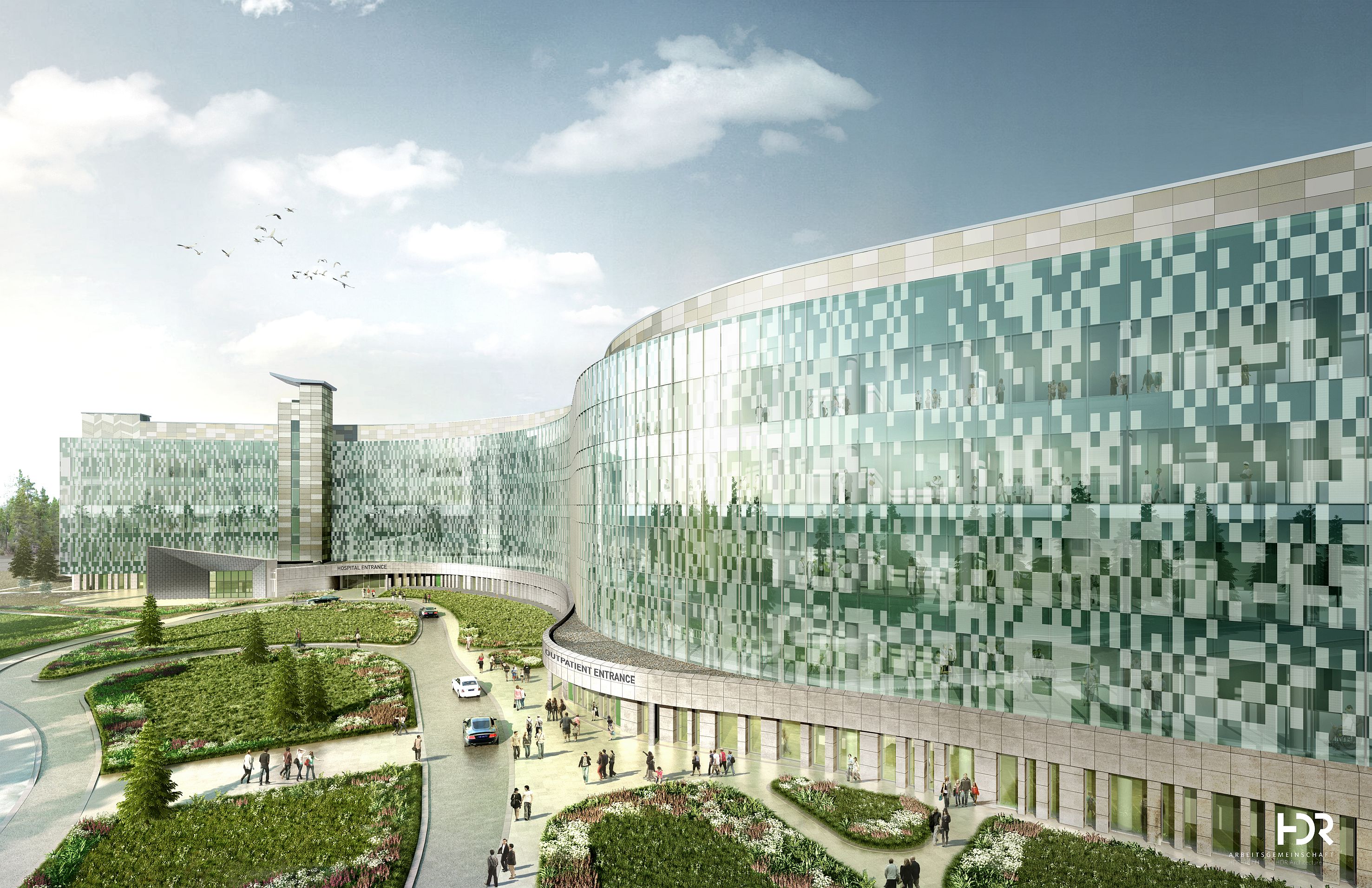Visualisierung der US-Militärklinik in Weilerbach mit einer breiten Sicht über das ganze Gebäude.   