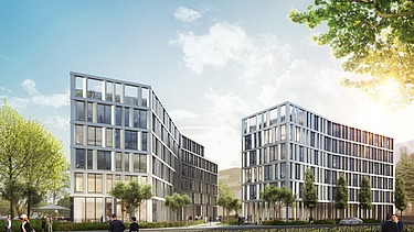 Visualisierung der Bürogebäude THE TWIST von der Seitenansicht. 