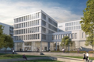 Visualisierung eines Bürogebäudes mit Blick vom Innenhof.    