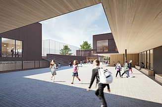 Visualisierung von der Schule am Hang Frankfurt am Main, mit Blick auf den Pausenhof.