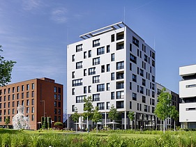 Visualisierung vom Holz-Hybrid-Hochhaus SKAIO in Heilbronn. 