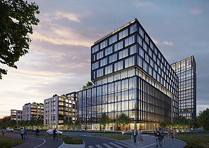 Visualisierung Emonika, Straßenansicht mit Bürogebäude im Vordergrund