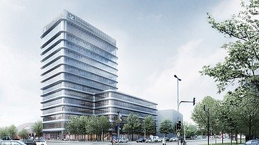 Visualisierung eines neuen Bürostandorts mit zwei Gebäuden