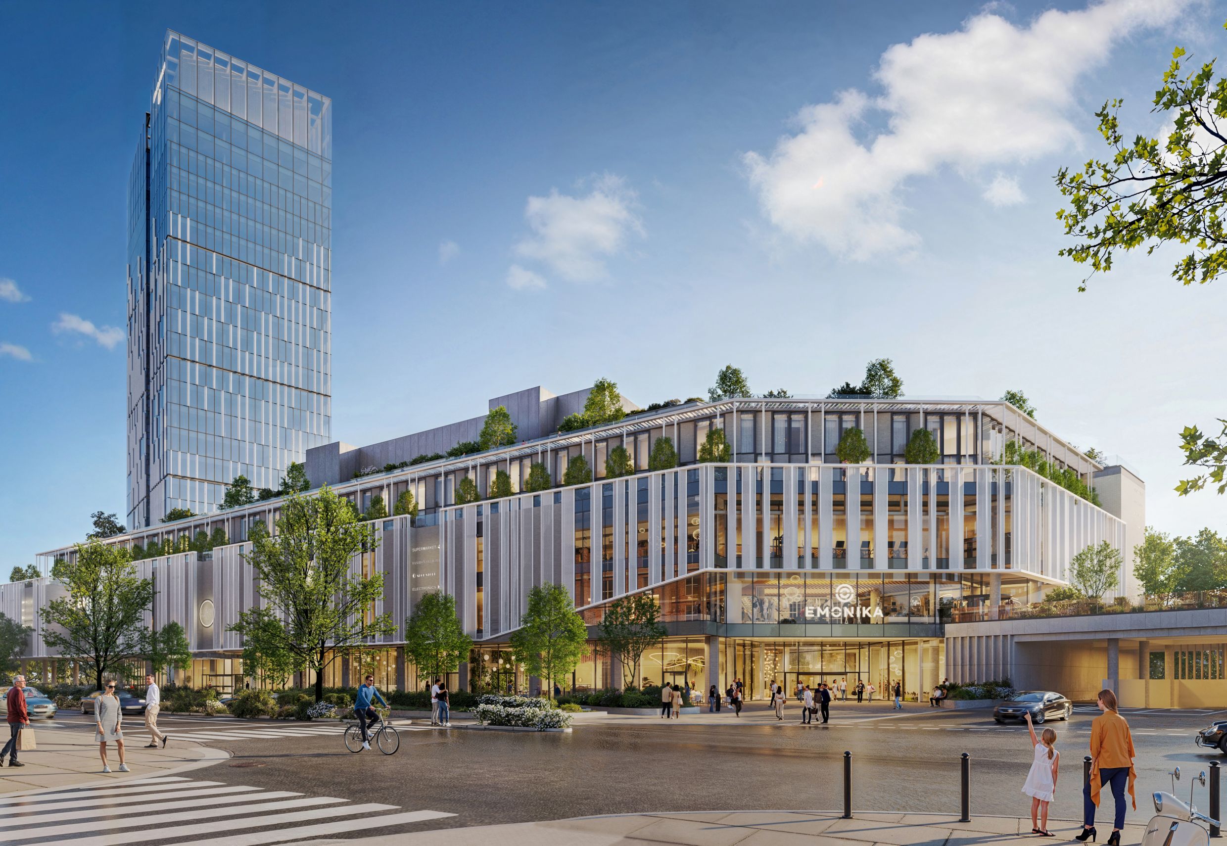 The southern part of Emonika comprises a 100-metre-high office tower, a shopping centre, a hotel and a four-storey underground car park
