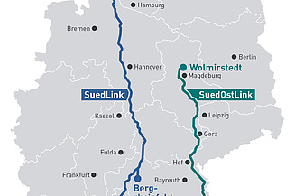 Karte von Deutschland vom geplanten Netzausbau für Gleichstromleitung.  