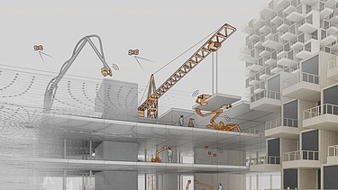 Visualisierung von robotische Montageverfahren und digitale Assistenzsysteme für den Bau von mehrgeschossigen Gebäuden.