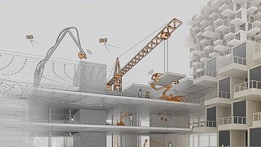 Visualisierung von robotische Montageverfahren und digitale Assistenzsysteme für den Bau von mehrgeschossigen Gebäuden.