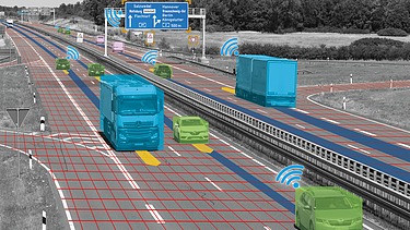 Visualisierung einer vierspurigen Autobahn mit mehreren Fahrzeugen