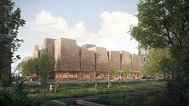 Bild eines Gebäudes mit Holzfassade