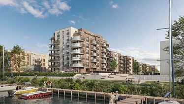 Visualisierung von Wohngebäuden, an einem See. Mehrere Personen sind auf dem Steg zusehen. 