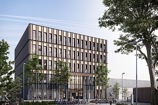 Visualisierung vom neuen ZÜBLIN Timber-Zentrale von außen. 