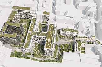 Die Visualisierung zeigt sechs Bauteile mit insgesamt 512 Wohnungen 