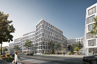 Visualisierung von einem Bürogebäude mit Blick von der Straße.   