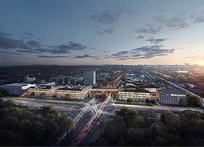 Visualisierung einer Stadt aus der Vogelperspektive, mit Blick auf die neuen Bürogebäude.  