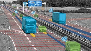 Visualisierung einer vierspurigen Autobahn mit mehreren Fahrzeugen