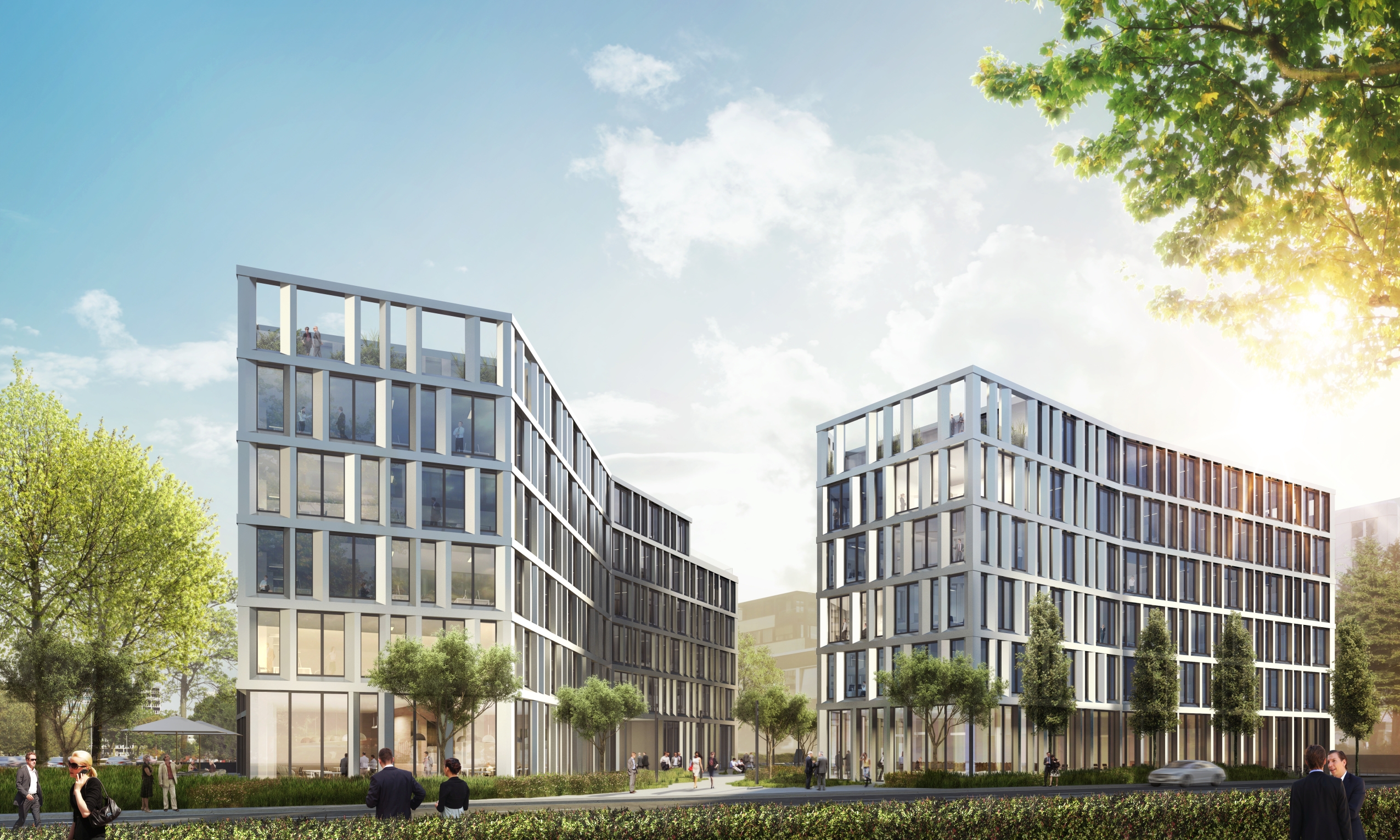 Visualisierung der Bürogebäude THE TWIST von der Seitenansicht. 