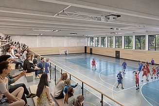 Visualisierung von einer Sporthalle von innen bei einem Handballspiel. 