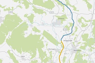 Landkarte des SuedLink-Abschnitts zwischen Elze und Friedland im Süden Niedersachsens.