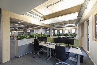 Büroräume mit Blick auf die Schreibtische in der ZÜBLIN Timber Zentrale in Aichach.