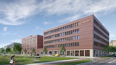 Visualisierung des üeins Büro- und Hotelkomplex mit Blick von der Seite. 