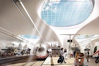 Unterirdische Bahnsteighalle des Stuttgarter Tiefbahnhofs