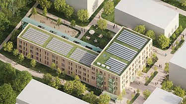 Luftvisualisierung vom Ersatzneubau NA an der Ruhr-Universität in Bochum aus der Totalen. 