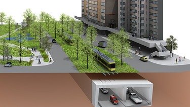 Visualisierung des zweispurigen Straßentunnels Kriegsstraße in der Karlsruher Innenstadt