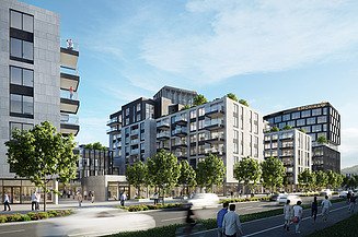 Visualisierung des multifunktionalen Gebäudeensembles Emonika, Straßenansicht 